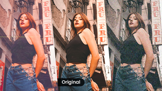 an original woman standing photo and 2 photos applied with VHS effect